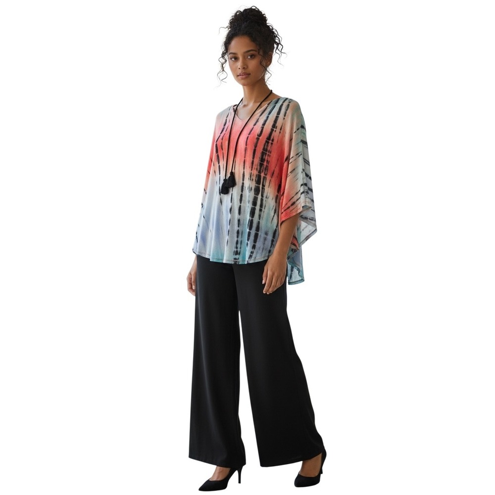 Seven7 Women Tie Dye Faux Poncho Top Coral‎ Blue Tassel V-Neck Size Medium Boho